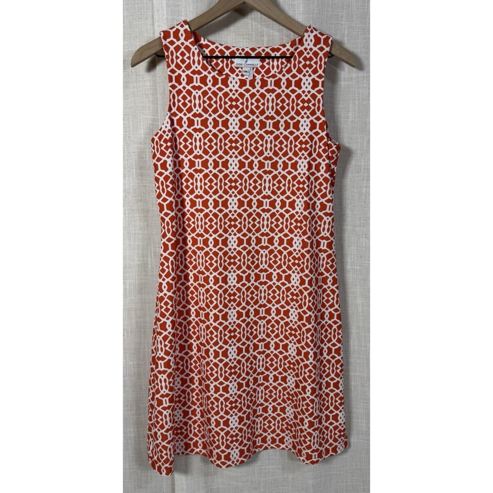 Jude Connally A-line Dress Medium Orange White Stretch USA Geometric Trellis